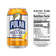 Polar Seltzer Water Orange Vanilla, 12 fl oz cans, 18 pack