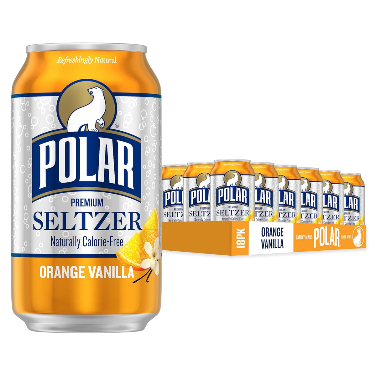 Polar Seltzer Water Orange Vanilla, 12 fl oz cans, 18 pack